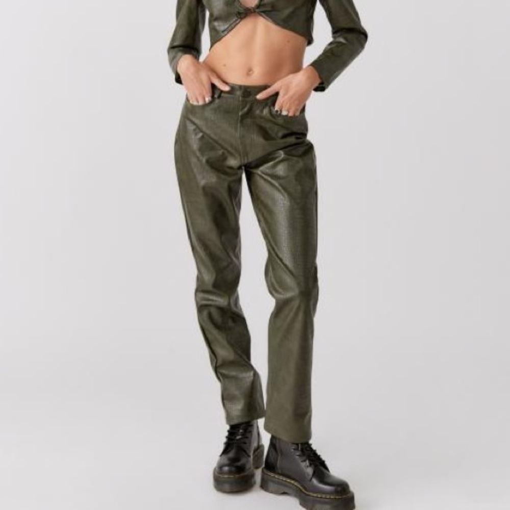 Dark Green Faux Crocodile Leather Trousers